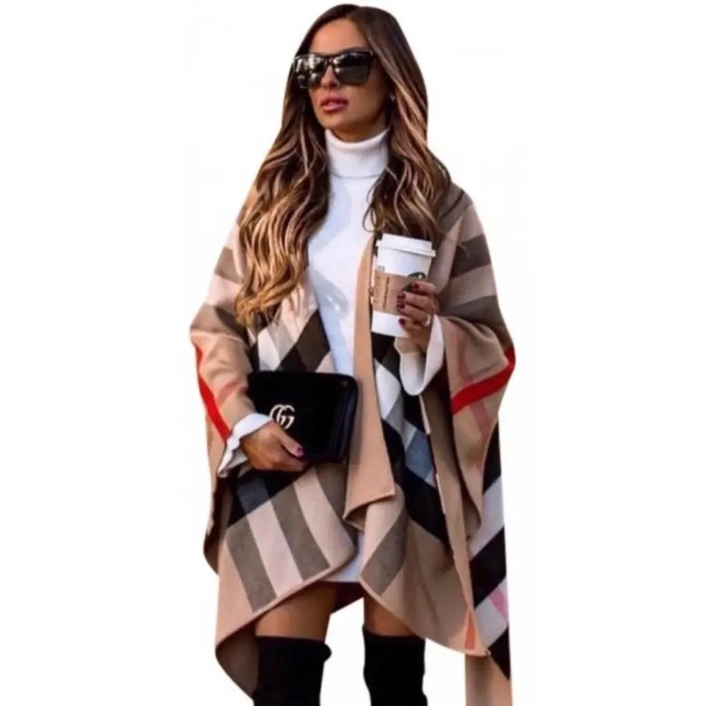 Burberry Reversible Camel Charlotte Solid Check Wool Cape - Picture 1 of 12